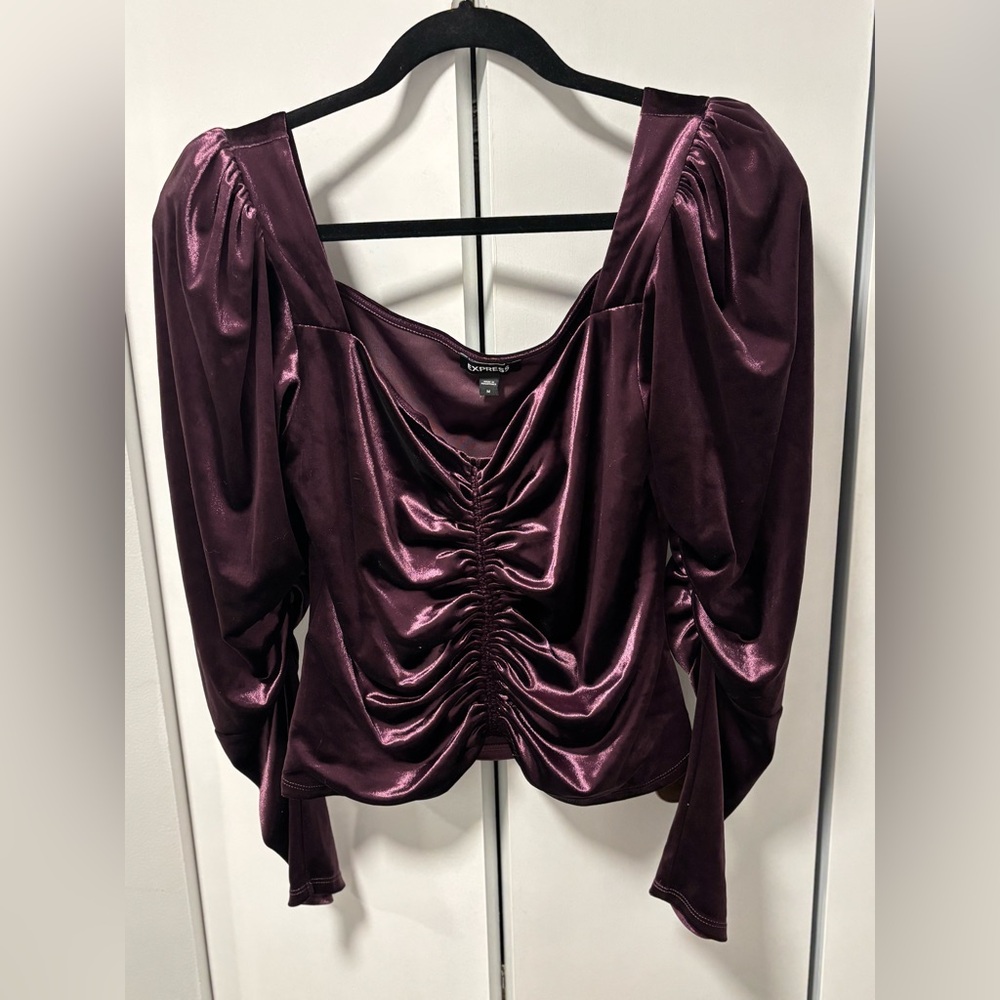 Express Purple Ruched Velvet Long Sleeve Blouse